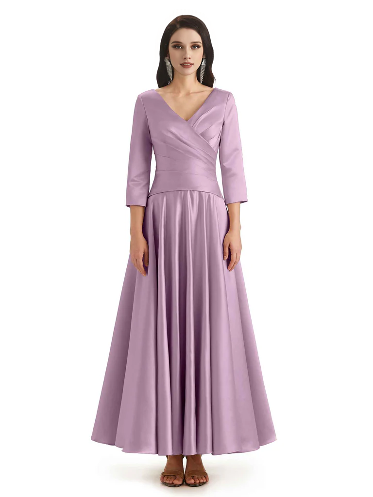 Elegant Soft Satin 3/4 Sleeves V-Neck Ankle Length Mother of The Bride Dresses