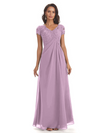 Elegant Short Sleeves Beaded Pleats A-line Floor-Length Mother of The Bride Dresses
