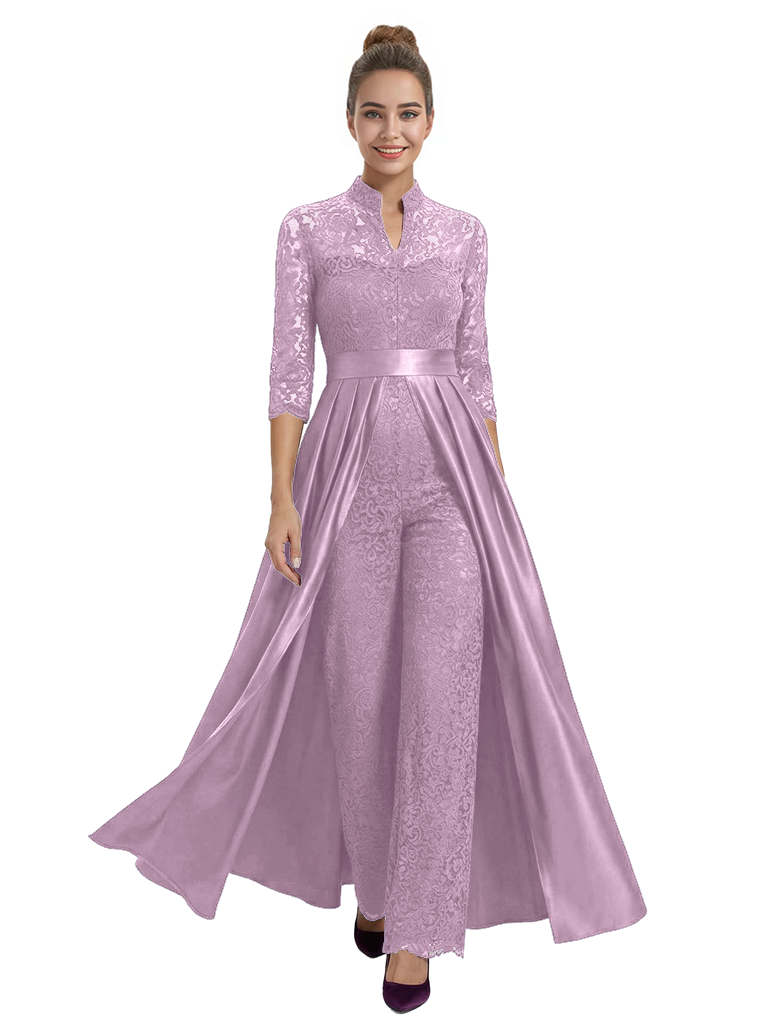Mother of The Groom Outfit V-Neck 3/4 Sleeve Lace Pantsuit Satin Overskirt