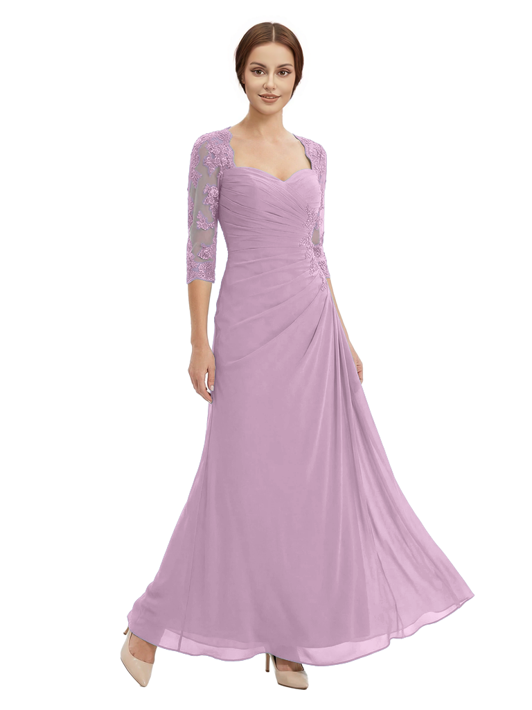 Sweetheart Ruched Lace 3/4 Sleeves A-Line Chiffon Mother Of The Groom Dress