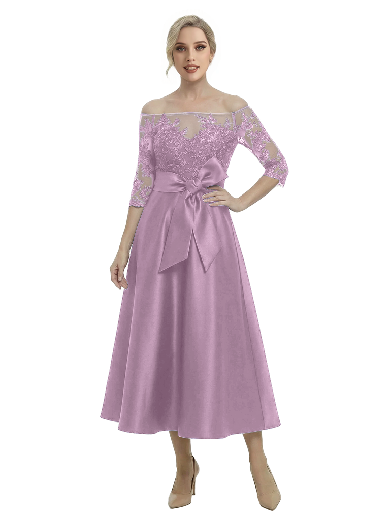 Unique Off Shoulder Tea-Length Satin Mother Of The Bride Dress With Lace Illusion