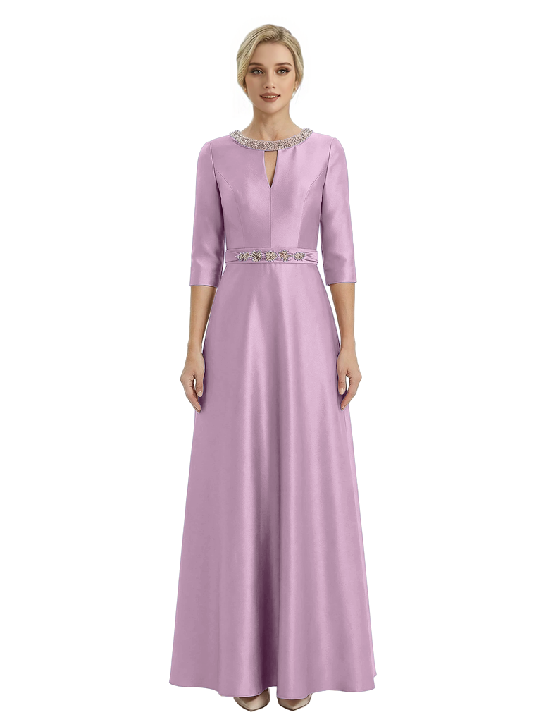 Sophisticated 3/4 Sleeves Beaded A-Line Satin Mother Of The Bride Dress