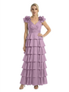 Mother of The Bride Dresses V-Neck Sleeveless Satin Tiered Maxi Gown Unique Flower Detailed Formal Wedding Event Attire