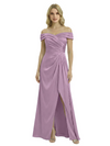 Off The Shoulder Mother Of The Groom Dresses Side Slit Satin Ruched A-Line Gown