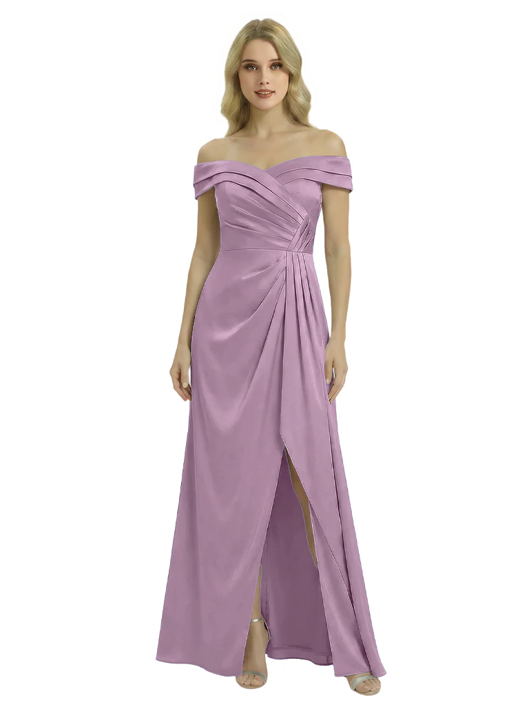 Off The Shoulder Mother Of The Groom Dresses Side Slit Satin Ruched A-Line Gown