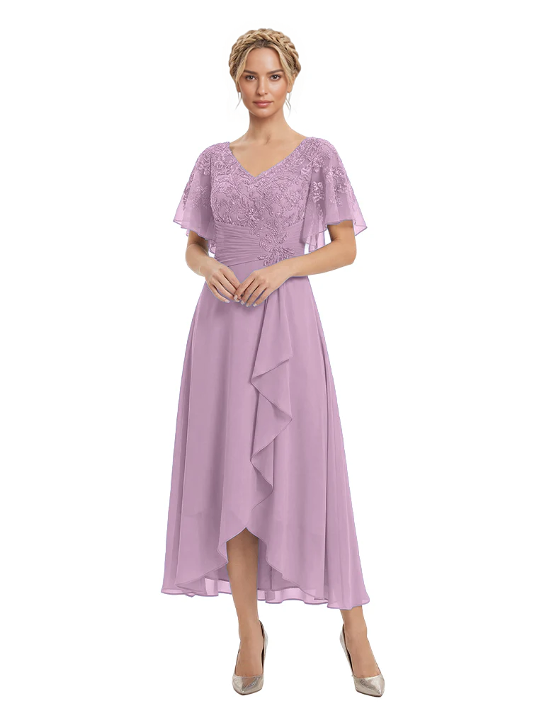 Unique Flutter Sleeves Lace Beaded Short Mother of the Groom Dresses