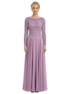 Mother of The Bride Dresses Scoop Long Sleeve Lace Chiffon Maxi Gown Pretty Embroidered Formal Wedding Event Attire