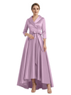 Modern High-Low 3/4 Sleeves Satin Mother Of The Bride Dress With Bow Knot