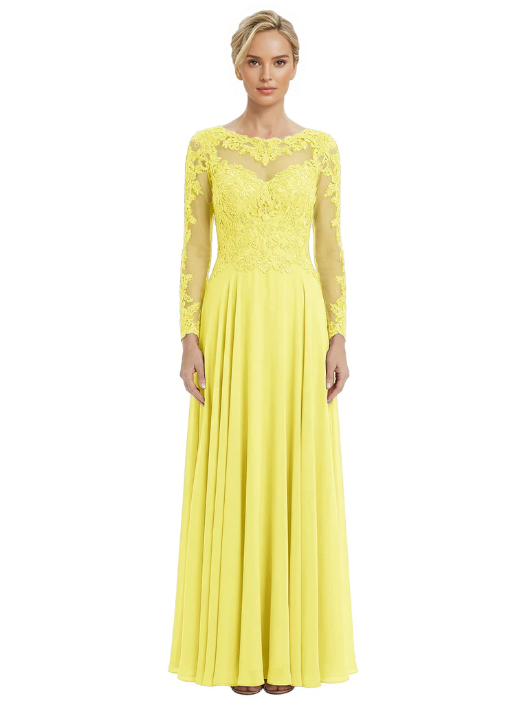 Mother of The Bride Dresses Scoop Long Sleeve Lace Chiffon Maxi Gown Pretty Embroidered Formal Wedding Event Attire