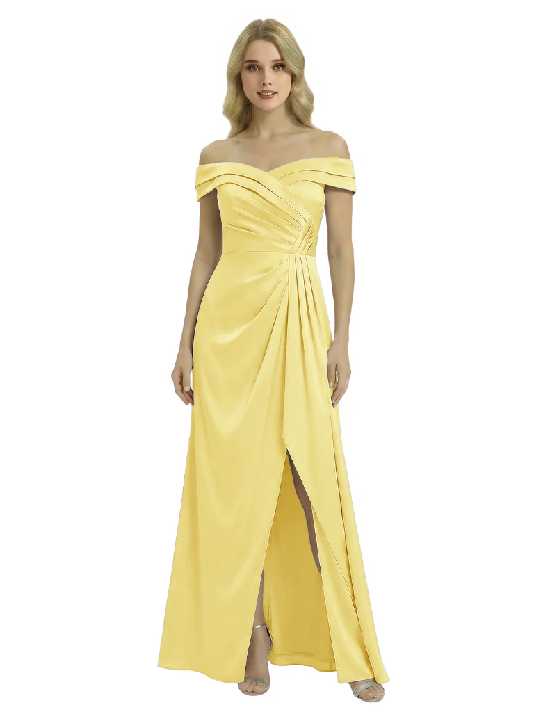 Off The Shoulder Mother Of The Groom Dresses Side Slit Satin Ruched A-Line Gown