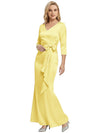 Mother of The Bride Dress Elegant V-Neck 3/4 Sleeve Satin Trumpet Maxi Gown
