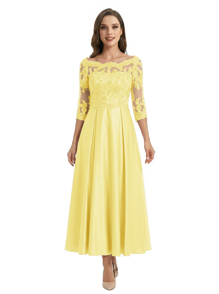 Mother of The Groom Dress Off Shoulder 3/4 Sleeve Lace Satin Midi Gown Classy Pleated