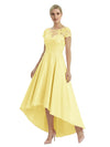 Elegant Mother of The Bride Dress Scoop Short Sleeve Lace Satin High-Low A-Line Gown