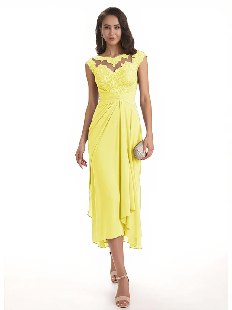 Elegant Bell Sleeves Chiffon A-line Midi Mother of The Bride Dresses