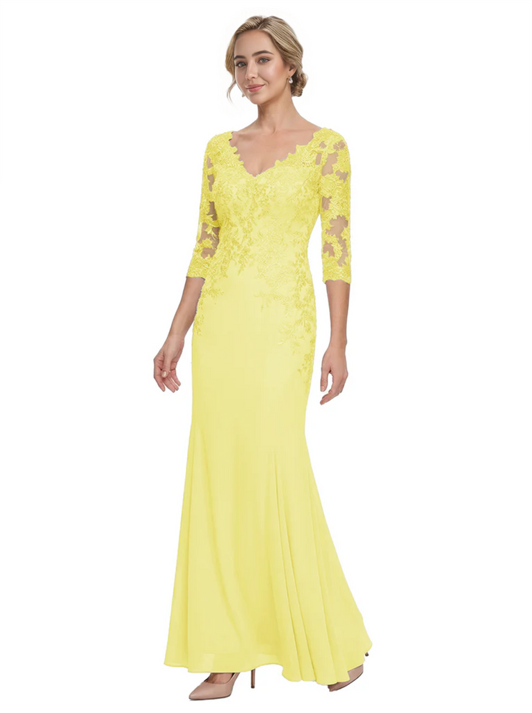 Mother of The Bride Gown V-Neck Half Sleeve Lace Chiffon Trumpet Maxi Dress Unique Sophisticated