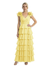 Mother of The Bride Dresses V-Neck Sleeveless Satin Tiered Maxi Gown Unique Flower Detailed Formal Wedding Event Attire