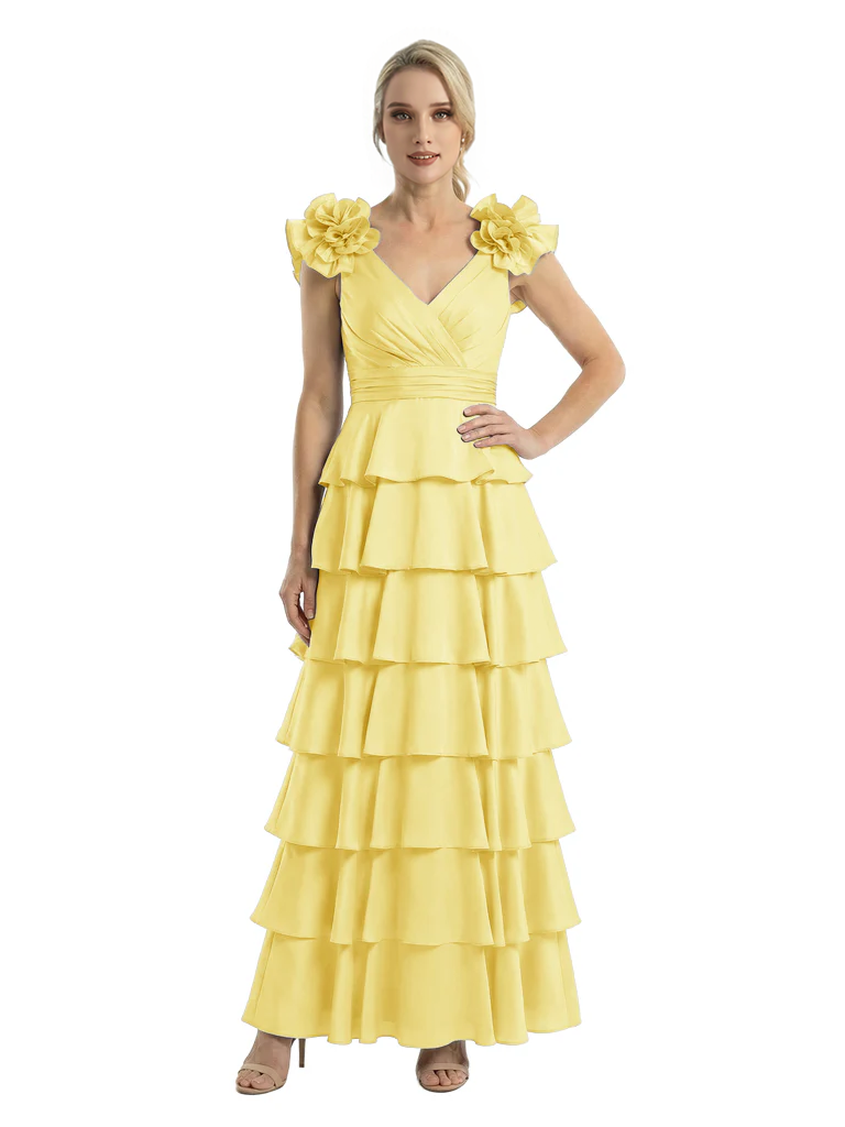 Mother of The Bride Dresses V-Neck Sleeveless Satin Tiered Maxi Gown Unique Flower Detailed Formal Wedding Event Attire