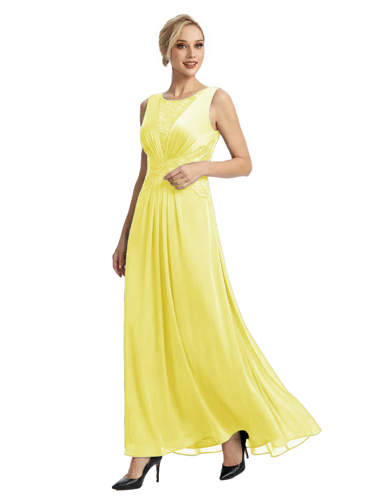 Mother of The Bride Dresses Scoop Sleeveless Lace Chiffon Maxi Gown Classy Ruched Formal Wedding Event Dress