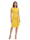 Mother of The Bride Dress Beautiful Jewel Cap Sleeve Crepe Sheath Midi Gown Ruffled Stylish Design