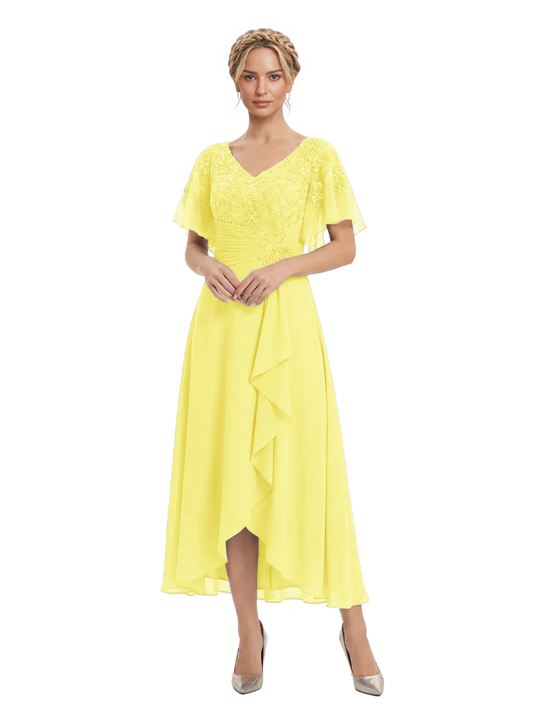 Unique Flutter Sleeves Lace Beaded Short Mother of the Groom Dresses