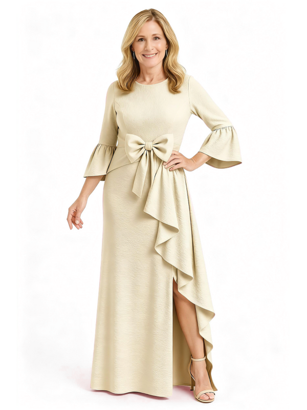 Elegant Side Slit Jewel Ruffle A-Line Crepe Long Mother Of The Groom Dress For Wedding