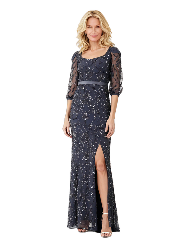 Elegant Half Sleeves Beading Mermaid Chiffon Side Slit Long Mother Of The Bride Evening Dresses