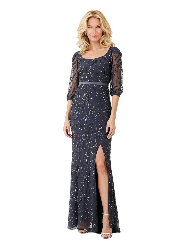 Elegant Half Sleeves Beading Mermaid Chiffon Side Slit Long Mother Of The Bride Evening Dresses