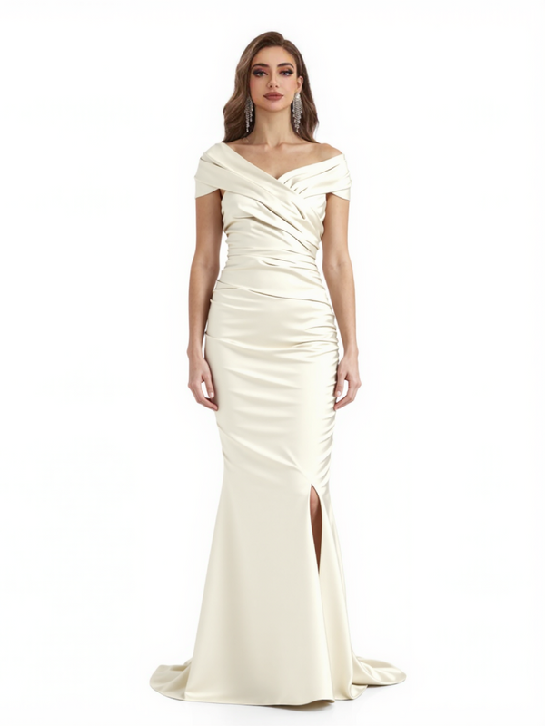 Elegant Off The Shoulder Soft Satin Mermaid Side Slit Long Mother Of The Bride Dresses Online