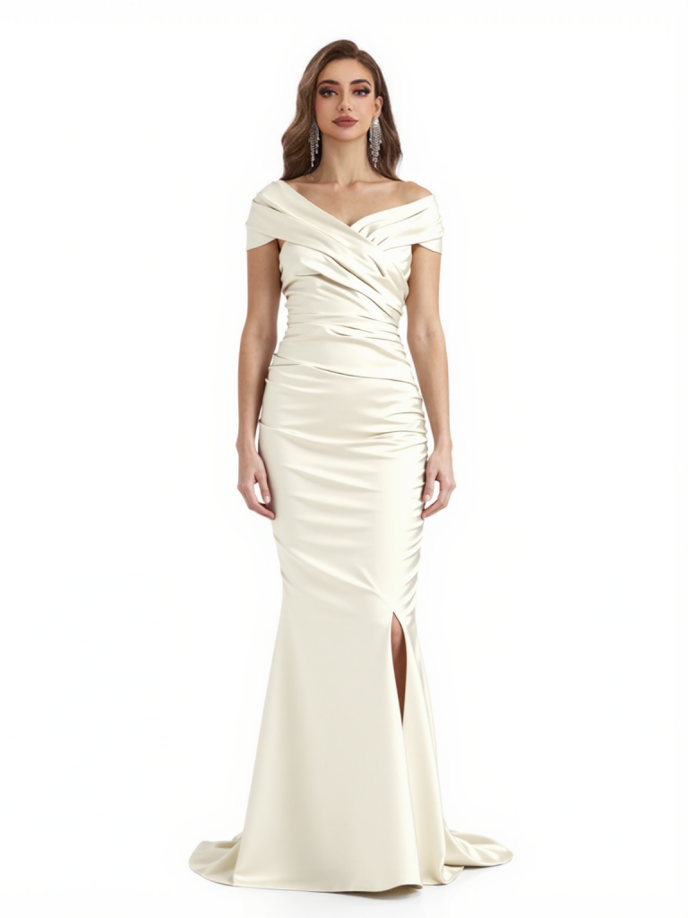 Elegant Off The Shoulder Soft Satin Mermaid Side Slit Long Mother Of The Bride Dresses Online