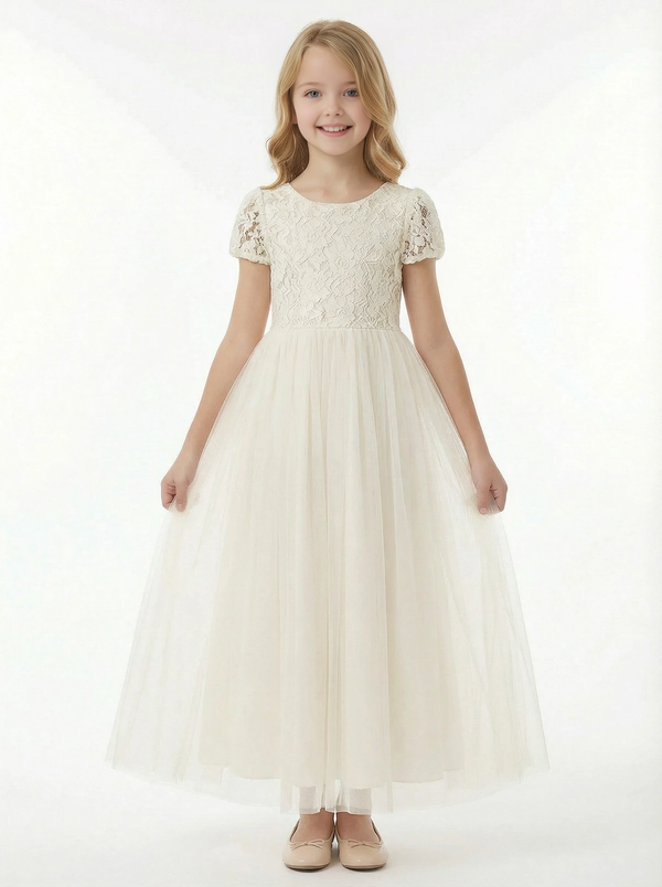 Short Sleeves Lace Backless Princess Dress Flower Girl Dress Birthday Party Dresses