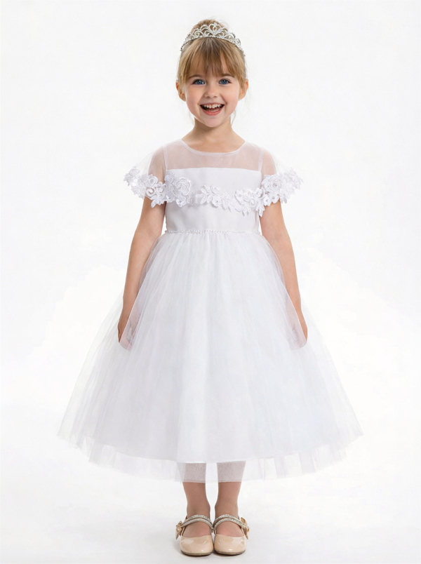 Off Shoulder Flower Girl Dress with Illusion Neck Tulle Skirt Beaded Waist Formal Gown