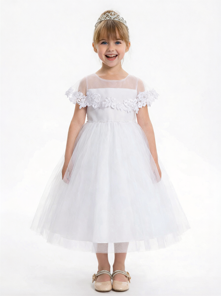 Off Shoulder Flower Girl Dress with Illusion Neck Tulle Skirt Beaded Waist Formal Gown