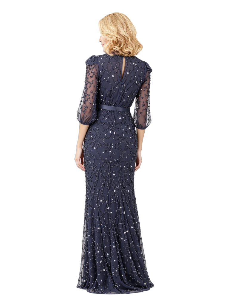 half sequin half chiffon dress Multi-Color Sequin Slit Lantern maxi dress with sleeves with Half-High Collar and Flared Chiffon