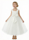 Flower Girl Dress with V Neck Sleeveless A Line Tulle Skirt Bow Detail Elegant Wedding Gown
