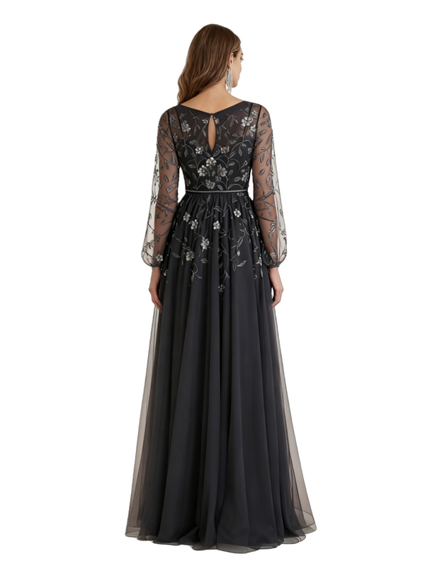 Elegant A-Line V-Neck Lace Long Sleeves Chiffon Long Mother Of The Bride Groom Dresses