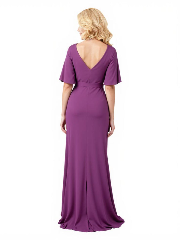 Elegant Chiffon V-Neck Half Sleeves Ruffle Long Mother of The Bride and Groom Dresses