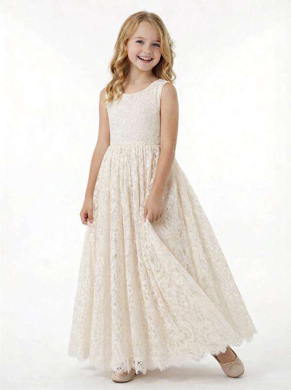 Elegant  Lace Flower Girl Dress with Sleeveless Bodice and Flowing A-Line Skirt