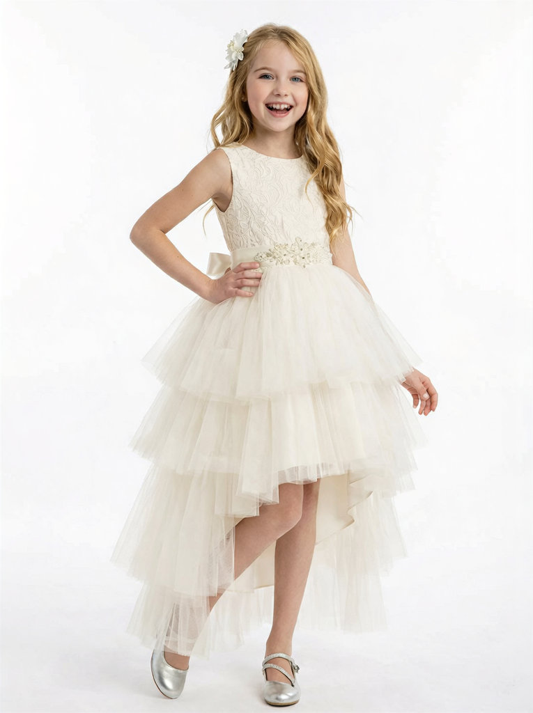 High Low Flower Girl Dress Sleeveless Lace Bodice Layered Tulle Skirt Party Wedding Gown