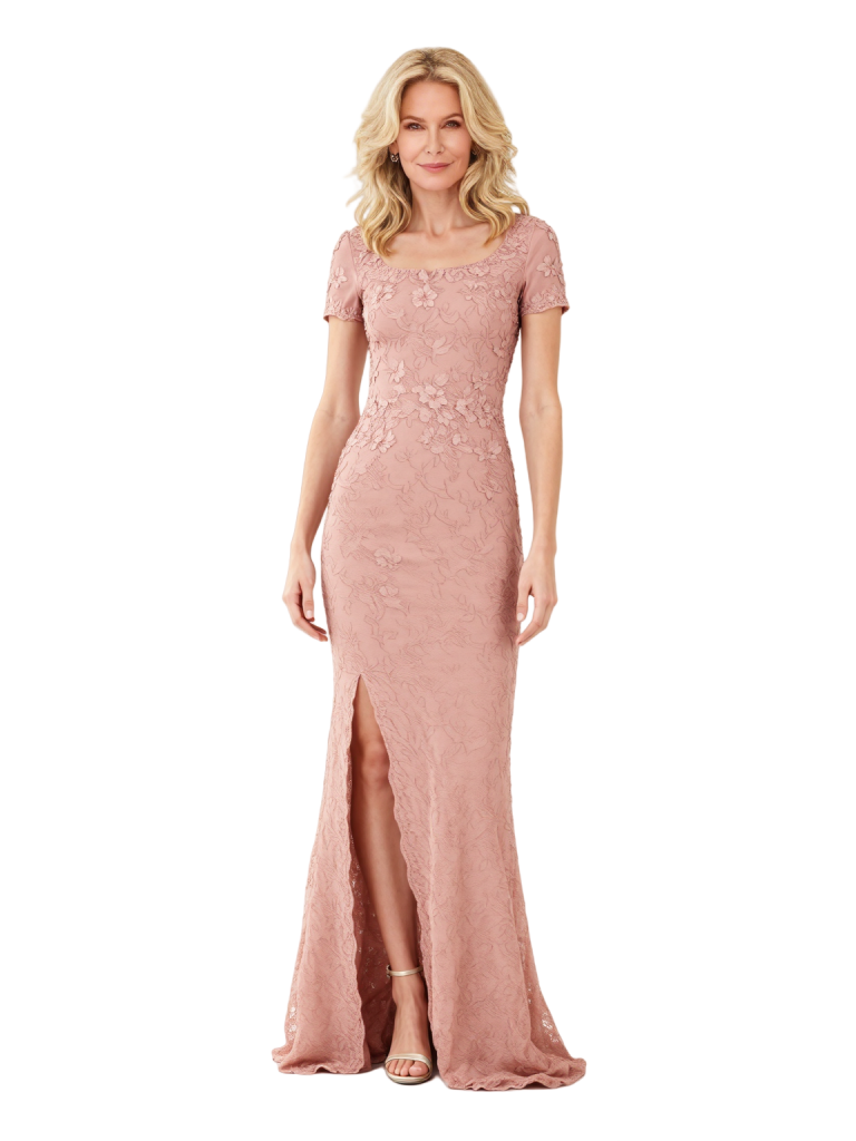 Elegant Mermaid Lace Short Sleeves Formal Long Mother Of The Bride and Groom Dresses Side Slit