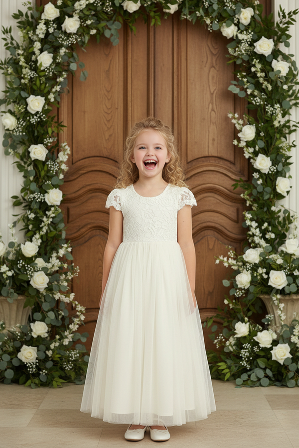 Lace A-line Tulle Cap Sleeve Princess Dress Flower Girl Dress Birthday Party Dresses