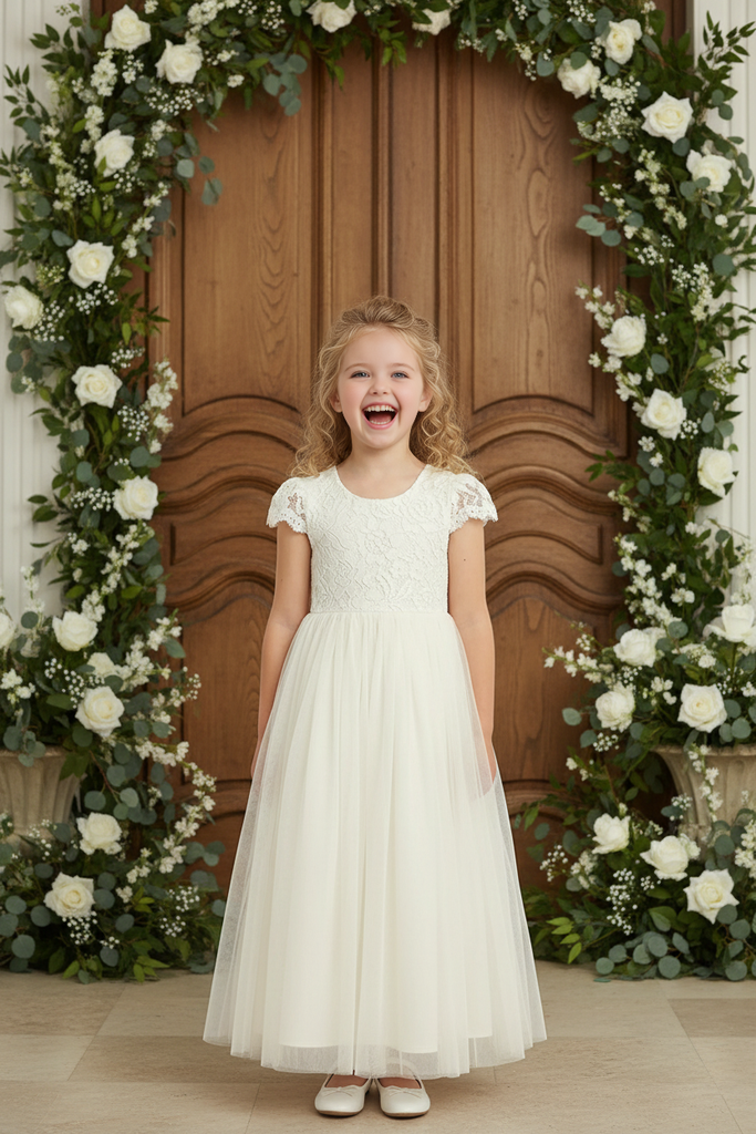 Lace A-line Tulle Cap Sleeve Princess Dress Flower Girl Dress Birthday Party Dresses