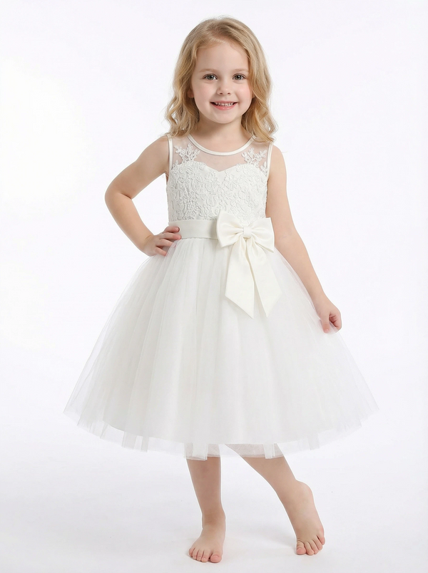 Spaghetti-Straps Flower Girl Dress with Sleeveless Lace Applique Bodice and A-Line Tulle Skirt