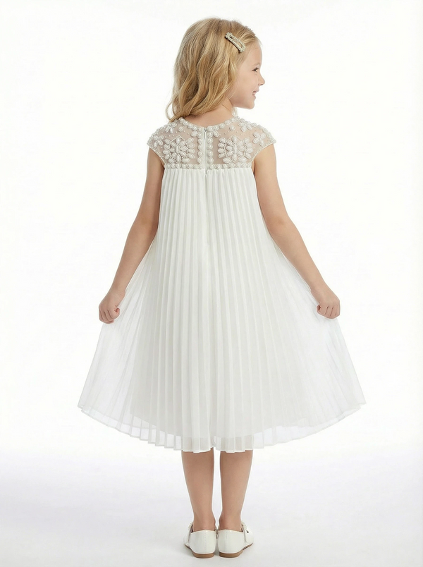 Cap Sleeve Flower Girl Dress, Pleated Chiffon A-Line Silhouette, Knee Length Formal Style