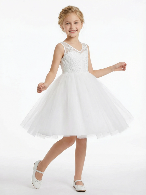 V-Neck Lace Flower Girl Dress with Sleeveless Bodice and Tea Length Princess Tulle Skirt