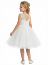 V-Neck Lace Flower Girl Dress with Sleeveless Bodice and Tea Length Princess Tulle Skirt