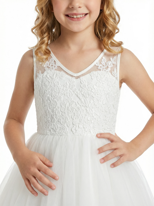 V-Neck Lace Flower Girl Dress with Sleeveless Bodice and Tea Length Princess Tulle Skirt