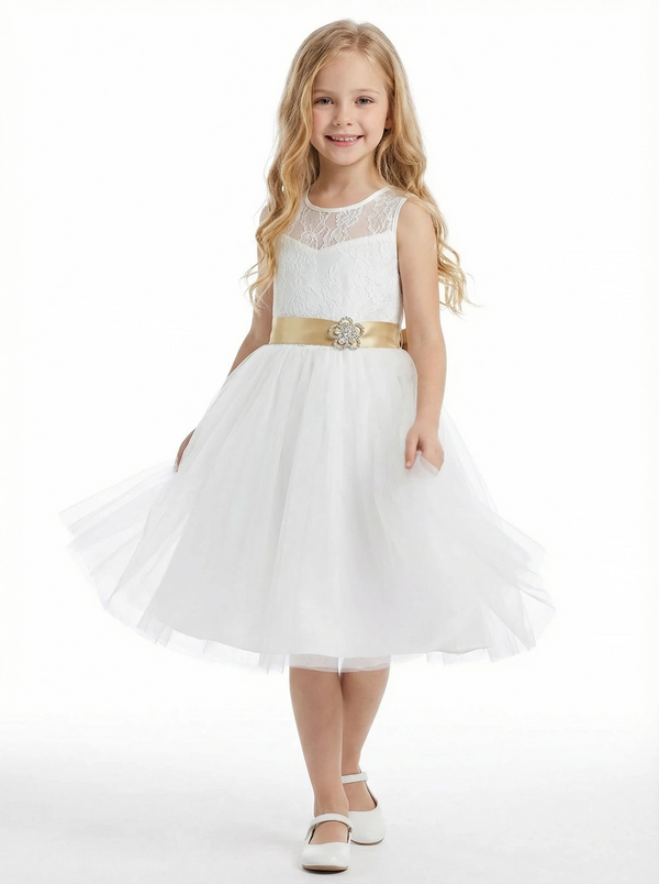 Tulle Tea Length Flower Girl Dress with Sleeveless Lace Bodice and A-Line Party Silhouette