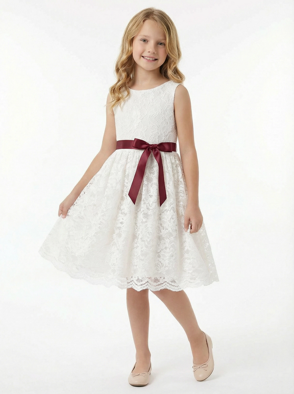 Vintage Lace Flower Girl Dress with Sleeveless Round Neck and Knee Length A-Line Skirt