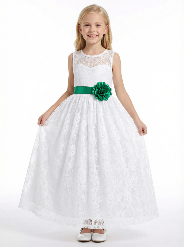 Lace A-Line Flower Girl Dress with Sleeveless Illusion Neckline and Floor Length Tulle Skirt