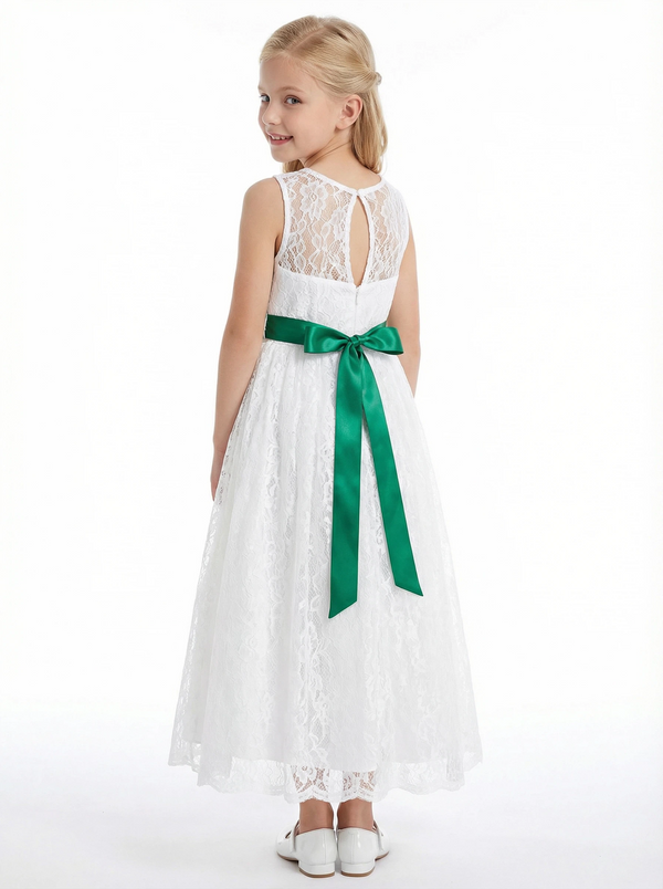 Lace A-Line Flower Girl Dress with Sleeveless Illusion Neckline and Floor Length Tulle Skirt